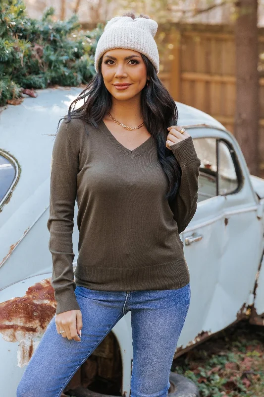 women's casual tops -Green Soft V-Neck Sweater