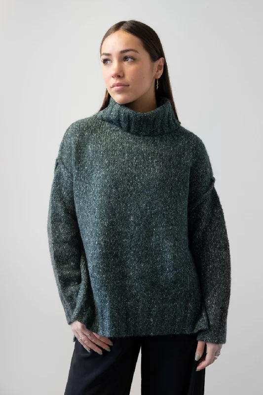 soft knit tops for women -Heavenly Forest Green Marle Chunky Roll Neck Sweater