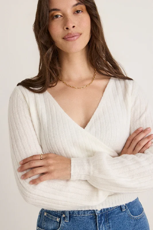 women's V-neck blouses -Honest Ivory Ballerina Soft Rib Knit Wrap