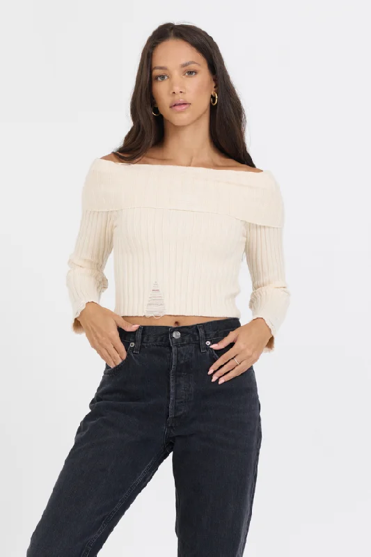 lightweight tops for women -Ivory Distressed Off Shoulder Sweater