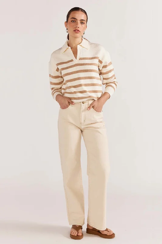 ladies' wrap blouses -Kennedy White Natural Stripe Polo Knit Jumper