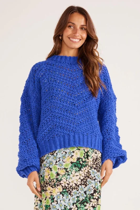 trendy crop tops for women -Luna Sapphire Zig Zag Knit Jumper