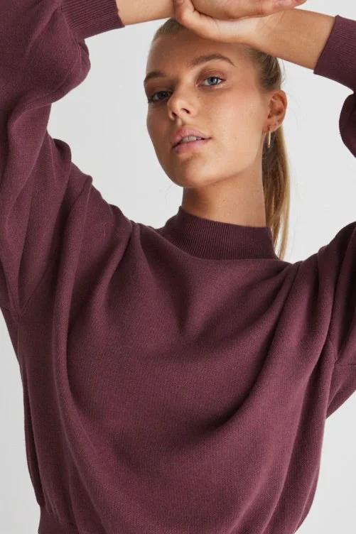 women's asymmetrical blouses -Motivation Raisin Cotton Fine Knit Boxy Jumper