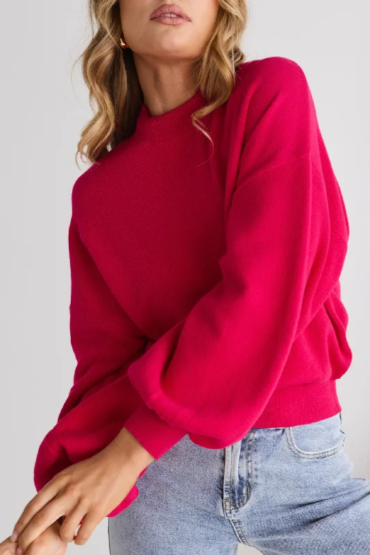 women's short sleeve blouses -Motivation Raspberry Funnel Neck Fine Knit Jumper