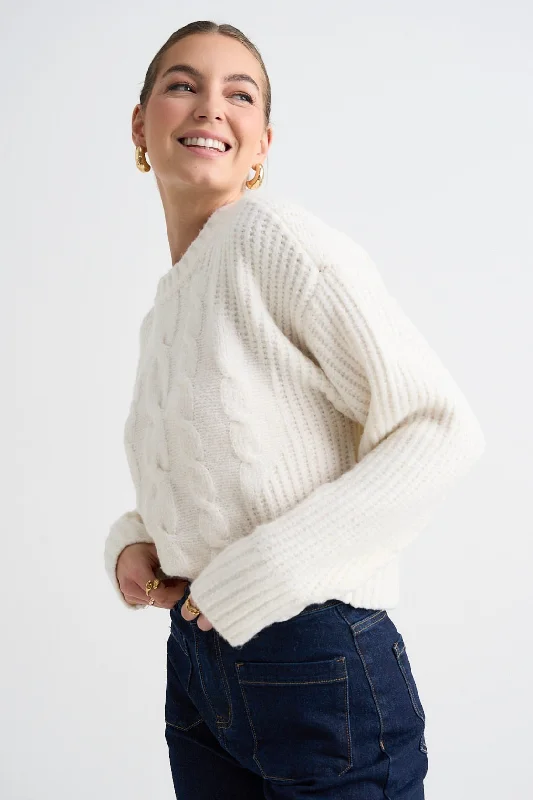 women's silk blouses -Nexus Ivory Cable Knit Jumper