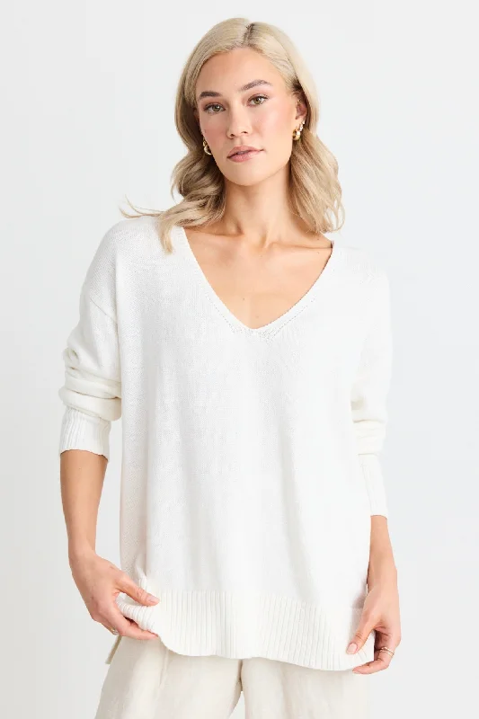 comfortable tops for women -Quartz Ivory Relaxed V Neck Jumper