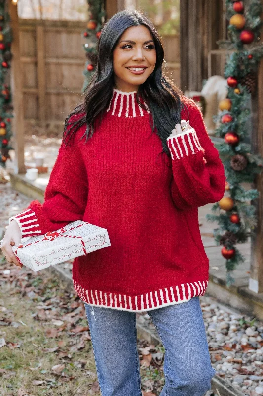 women's cotton t-shirts -Red and White Contrast Stitch Sweater