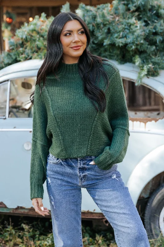 women's flowy bohemian tops -Seam Detail Mock Neck Sweater - Green