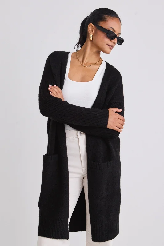 chic monochrome tops for women -Secure Black Longline Knit Cardigan with Pockets