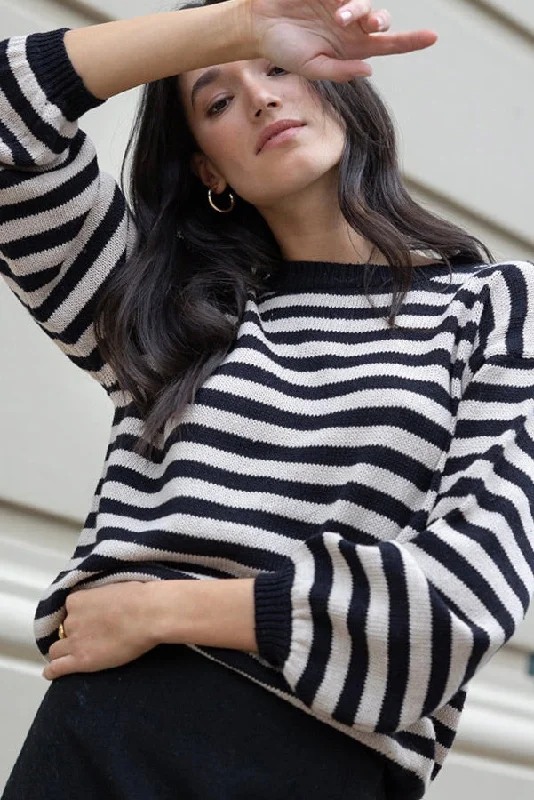 women's henley tops -Sierra Black Stone Stripe Knit Jumper