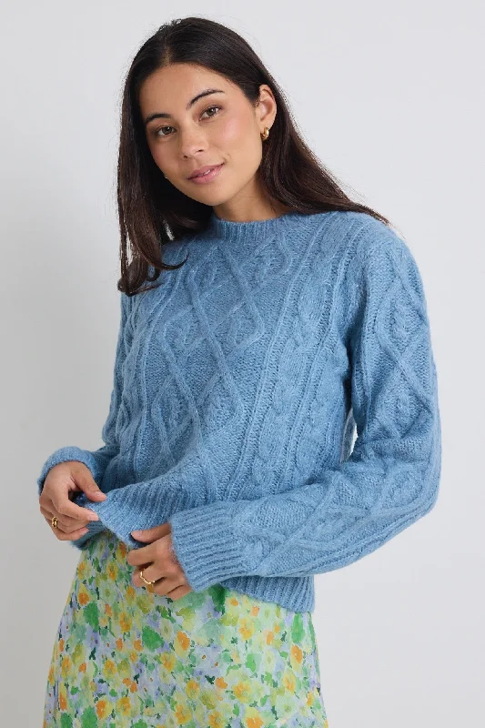 embroidered blouses for women -Sky Blue Cable Knit Sweater