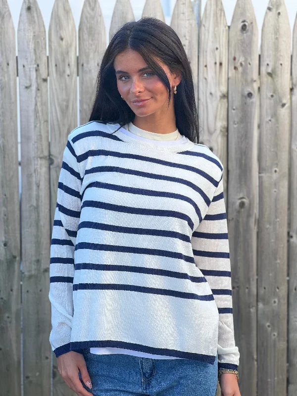 women's ruffle sleeve tops -Stripe Lightweight Sweater