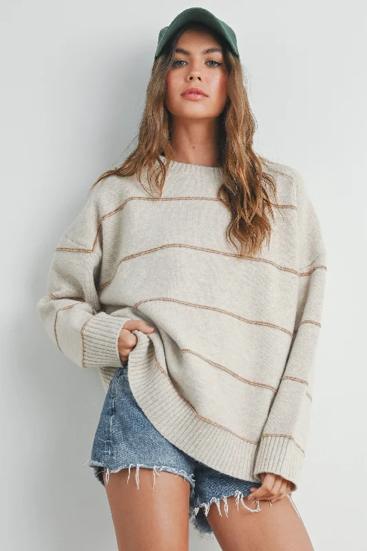 women's mock neck tops -Striped Drop Shoulder Sweater