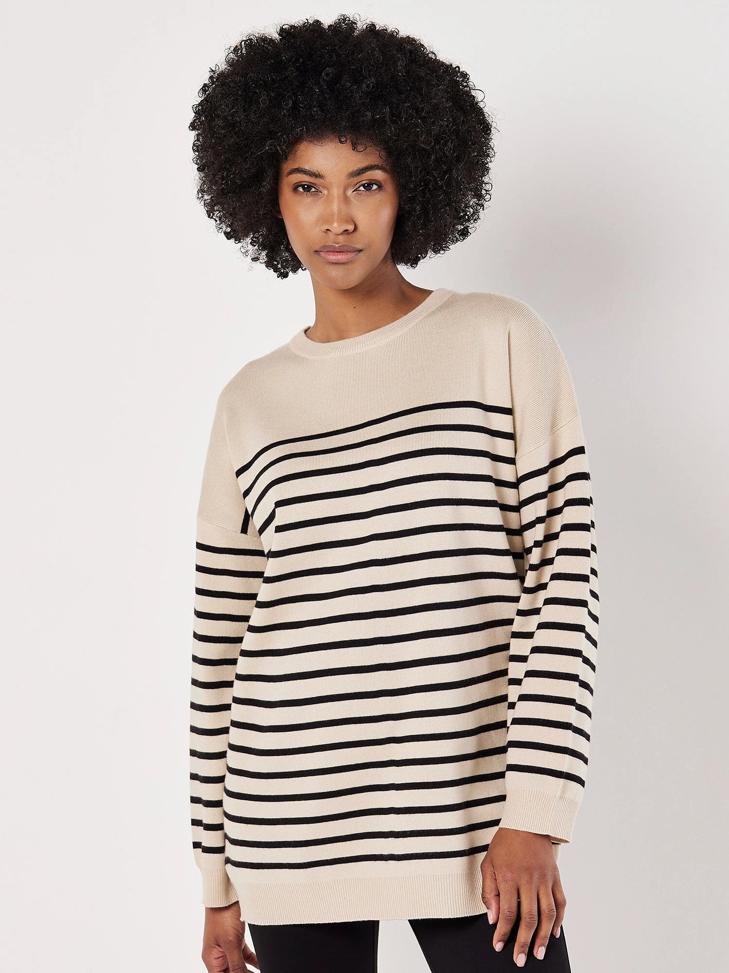 women's layered tops -Striped Knit Tunic Sweater in Stone/Black