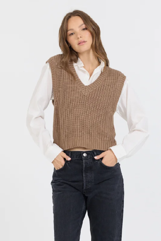 ladies' fitted tops -Toffee W/ White Twofer Cropped Sweater Vest