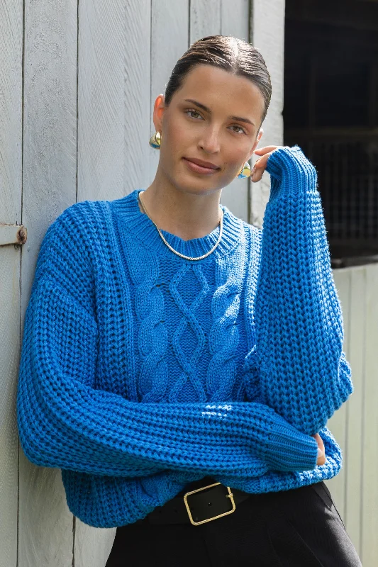 ladies' oversized shirts -Wyatt Sky Blue Cable Knit Jumper