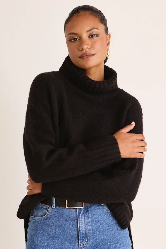 women's ruched tops -Zealous Black Roll Neck Super Soft Knit Jumper