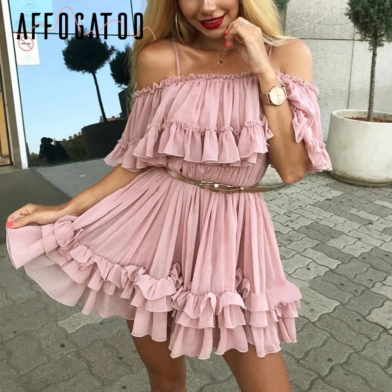 women's bodycon dresses -Affogatoo Elegant ruffle off shoulder strap summer pink dress