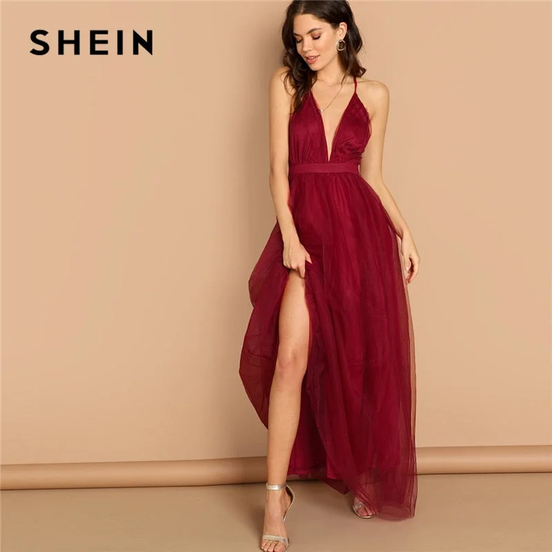 women's evening dresses -Burgundy Plunging Neck Crisscross Back Cami Dress