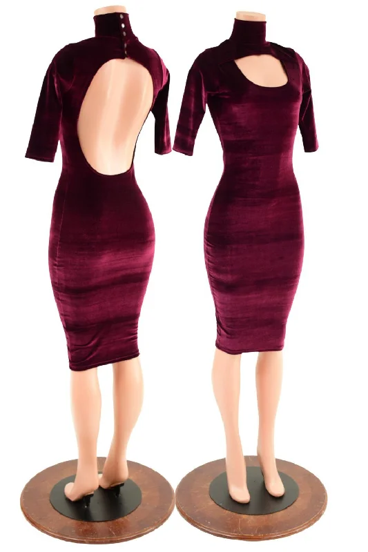 women's cocktail dresses -Burgundy Velvet Backless Dress with Window Neckline