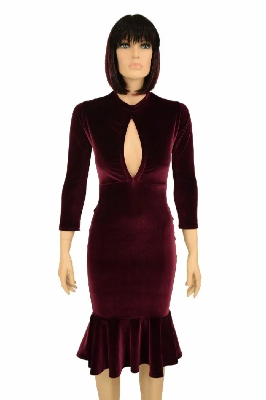 women's A-line dresses -Burgundy Velvet Keyhole Dress