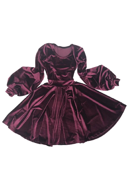 women's wrap dresses -Burgundy Velvet Lantern Sleeve Skater Dress