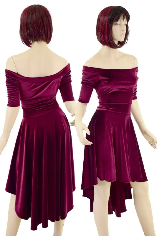 women's lace dresses -Burgundy Velvet Off Shoulder Hi Lo Dress