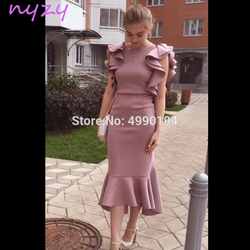 women's wrap dresses -Cocktail Dresses Pink Cap Sleeves Tea Length Ruffles