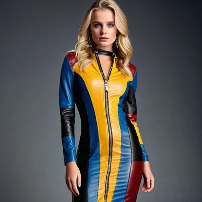 women's printed dresses -Formula One Color-Block 2 Way Zip Leather Dress