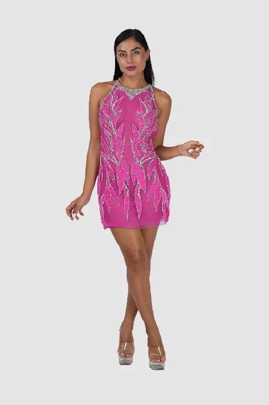 ladies' slit dresses -Fuchsia Cross Back Dress