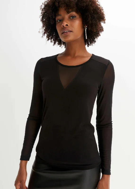 women's retro dresses -Mesh Sleeve Top - Black