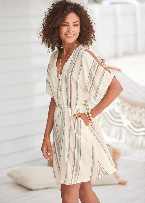 women's denim dresses -Button Cold-Shoulder Dress - White Multi