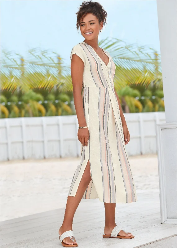 women's belted dresses -V-Neck Faux-Wrap Dress - White Multi