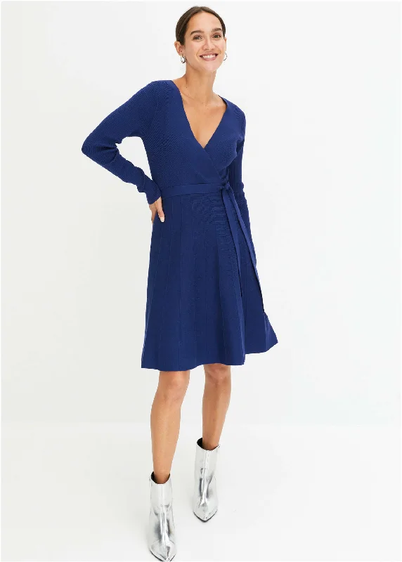 women's shirt dresses -Ribbed Wrap Dress - Blue