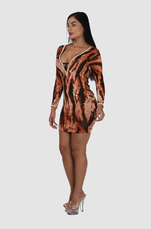 women's wrap dresses -Jennifer Orange Animal Print Dress LS