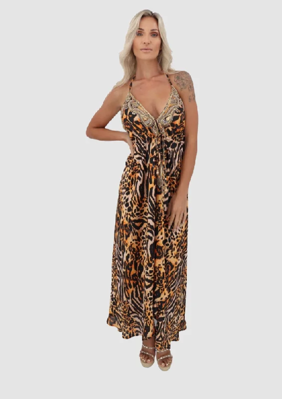 elegant maxi dresses for women -Santorini Leopard Orange Black Dress