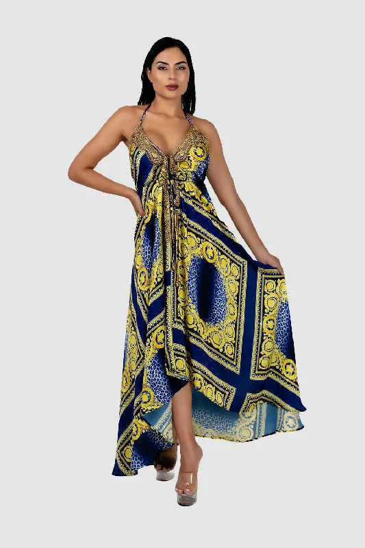 ladies' shift dresses -Blue/Yellow Print Dress