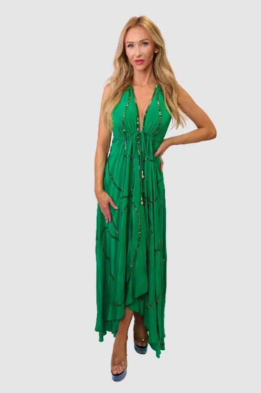 stylish long dresses for women -Tulum Emerald Green W Gold Dress