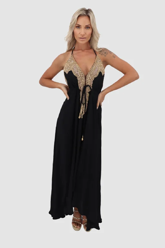 elegant maxi dresses for women -Mallorca Black with Gold Dress