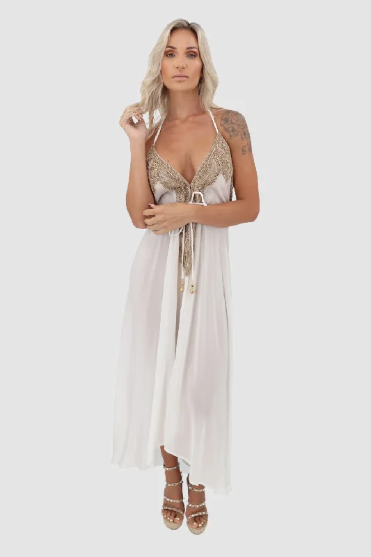 women's satin dresses -Mallorca White W Gold Dress