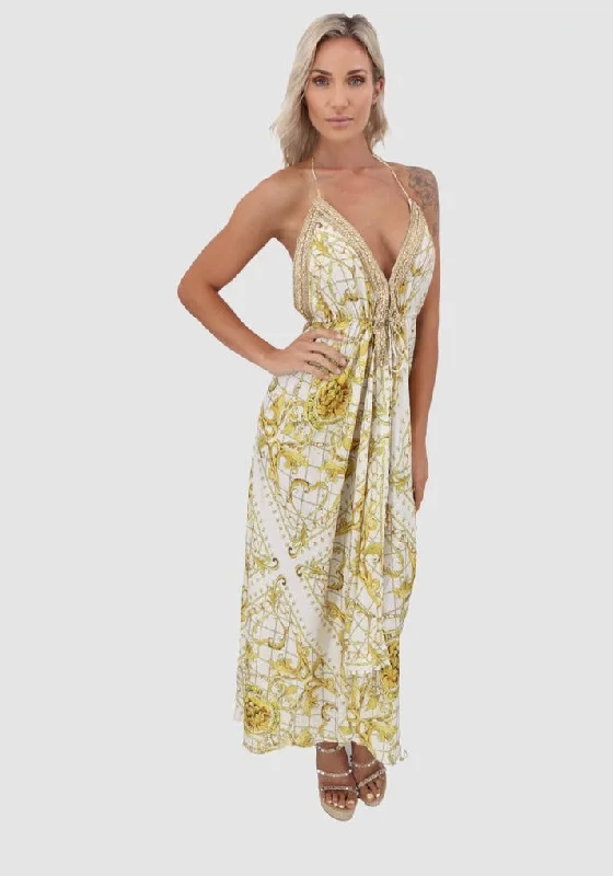 women's maxi dresses -Yellow with White Dress