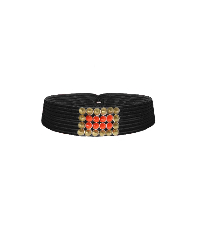 women's satin dresses -Knitted Black Belt With Orange Stones