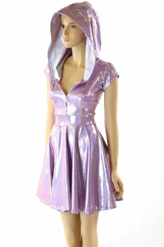 casual printed dresses for women -Lilac Holographic Hooded Skater Dress