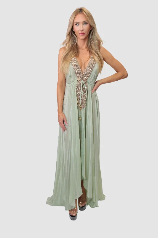 women's sheer overlay dresses -Marrakesh Light Olive Dress