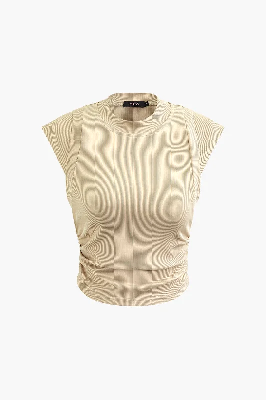 women's asymmetrical dresses -Rib Knit Cap Sleeve Ruched Tank Top