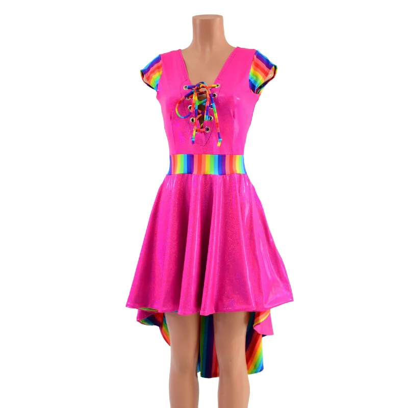 ladies' longline dresses -Neon Pink & Rainbow Striped Hi Lo Skater Dress with Flare Lining and Laceup