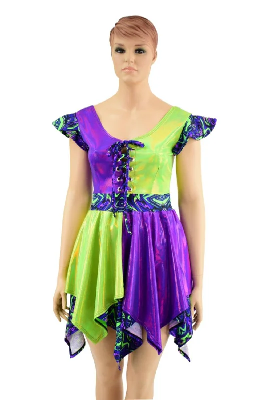 women's sheer overlay dresses -Neon UV Glow Skateboard Pixie Holographic Dress