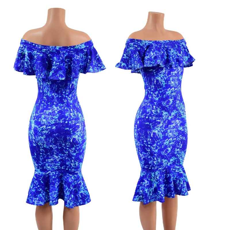 stylish dresses for women -Off Shoulder Ruffled Wiggle Dress in TidePool