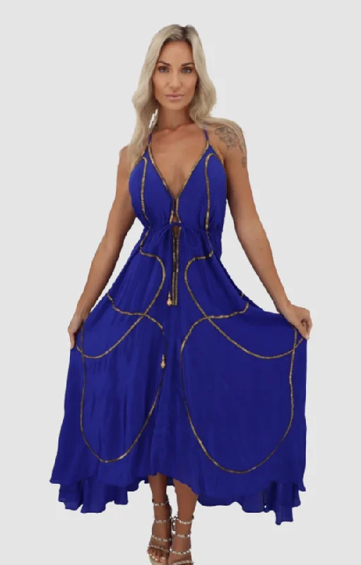 women's modern chic dresses -Tulum Royal Blue W Gold Lines Dress