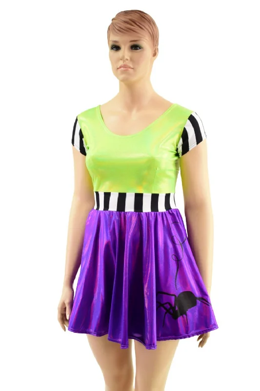 women's chiffon dresses -Purple and Green Halloween Spider Skater Dress